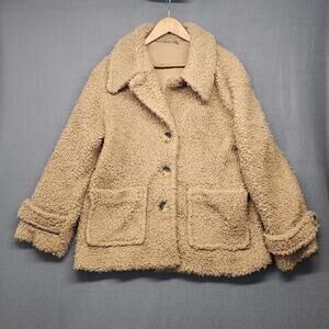 Free People Jacket Womens Large Tan Sherpa Faux Fur Teddy Coat Button Front Boho